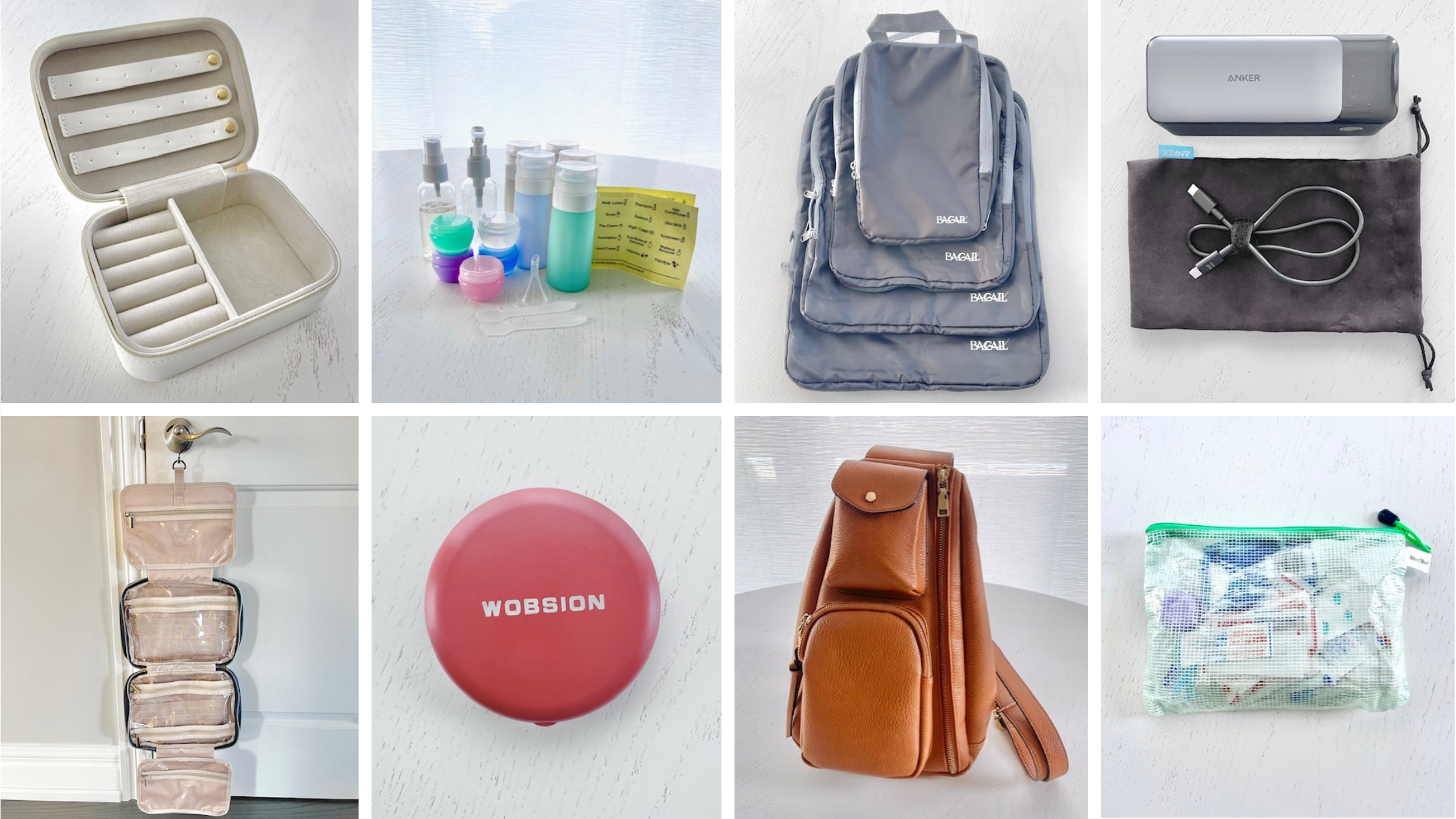 8 images: a travel jewelry case, a travel toiletry container set, compression packing cubes, a travel power charger, a travel toiletry bag, a travel mirror, a woman's bag and a zippered pouch.